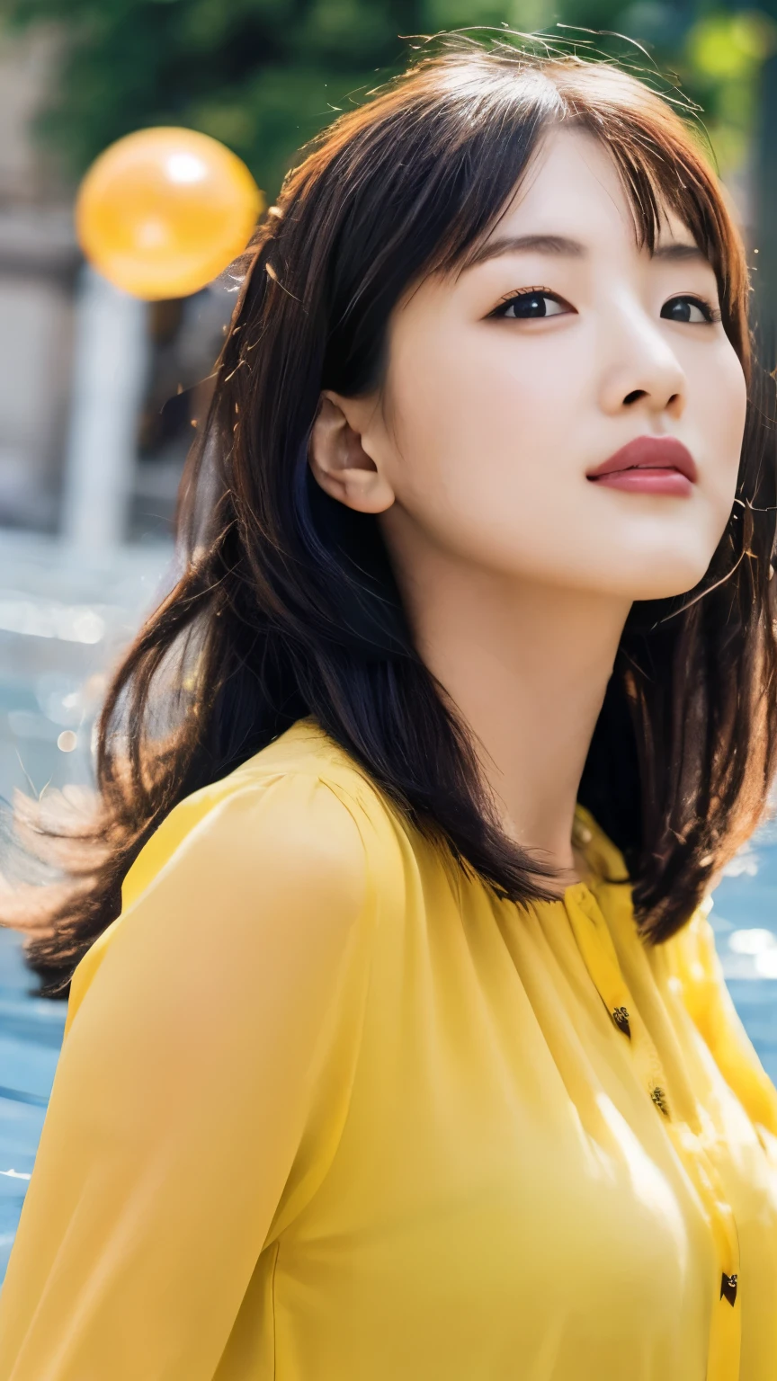 highest quality, One girl, (Skin Hollow), (Medium chest), (Day), bright, Background Blur, Outdoor, (street:0.6), (hair:1.5), (blouse:1.5), nice, (hair Float:1.5), Soft Light, Wind, garden, street