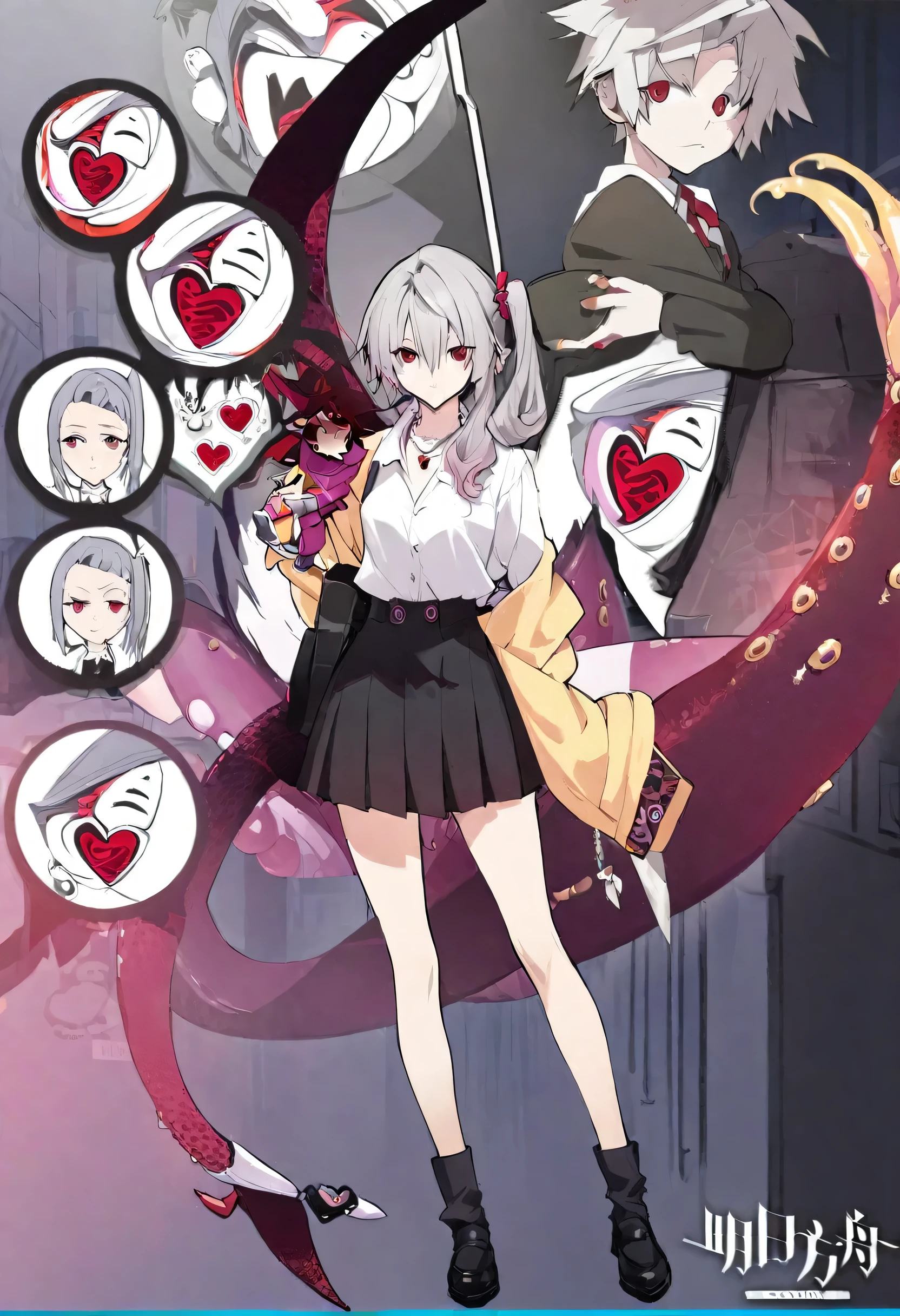 One Girl,whole body,Are standing,Dynamic,Concept Art,Side Ponytail,Scrunchie,Heart Shaped Necklace,Grey Hair,Light pink gradient hair,Beauty,Rin々Funny face,cool,18-year-old,Stylish,Height: 168cm,Long bangs that reach between the eyes,Black pleated skirt,Long sleeves,Toned body,Medium chest,Carnal breasts,Confused eyes,Unbuttoned white shirt,Mysterious atmosphere,Knee-high socks,Black Loafers,Red colored eyes,Stylish earrings,Double teeth,albino,Tentacle tail,Has bangs,Large ring,Red Ribbon Tie,Black Leather Bag,Black cardigan,Thinking face,Black Leather Bagパック,Biopunk tentacles coming out,Arknights-style stylish costume,