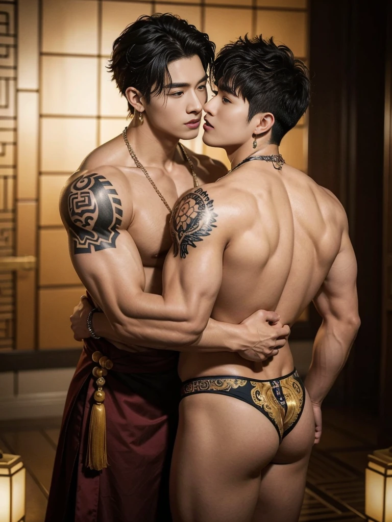 Two handsome boys kissing, smiling at each other, catching eyes ,hugging, kissing, touching lips, cuddle, romantic,skin ship, Chinese Men God, Mythology, both wearing sexy bikini, realistic, Chinese odyssy, super Handsome,manly, kpop idol, handsome korean actor, 20 years old,, detailed face, manly jawline, manly chin, detailed mess curly styling hair, Topless, Muscles, big chest Athlete body, Full Frame,full body shoots, Sexy, realistic, human skin, tattoo breast, Professional studio Lighting, jade and golden pendent all over , detailed jewery in dress, earings,Chinese ancient temple Background,out door, super detailed background,look at camera , open mouth, Underwear, tibet Warrior, Hanfu, tibet Male, tibet Nobel, Seduce , bare chest , tattoo chest, tattoo arms, tattoo hands, tattoo back, tattoo legs , detailed tattoos, big juicy butts, bare butts