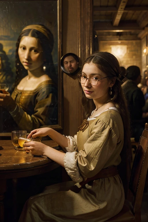 In this extraordinary painting, Vermeer masterfully combines the iconic figures of the Mona Lisa and the Girl with the Pearl Earring, transporting them to a cozy, bustling pub. The palette knife technique adds texture and depth to the scene, with warm lantern light casting a glow on their vibrant garments. Both women, holding their glasses high in a toast, share a moment of mirth and conversation, their famous expressions still captivating in this unconventional setting. The atmosphere is filled with laughter and camaraderie, reflected in the lively patrons surrounding them. Vermeer's signature style and exquisite attention to detail bring this unique masterpiece to life.