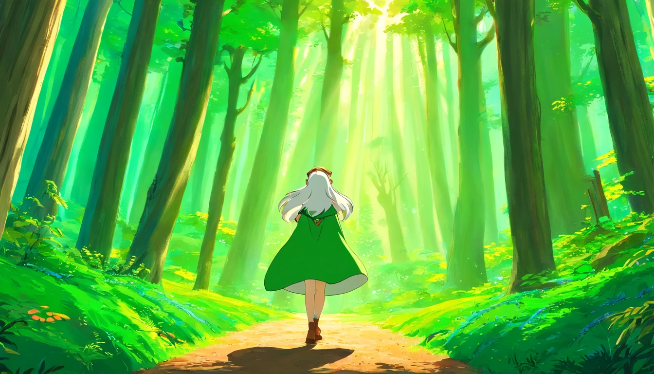 a young female elf with long, dark hair and pointed ears!!! In a vibrant, sunlit forest, a young female adventurer with short, white hair stands looking back over her shoulder. She has a determined and friendly expression on her face, with eyes filled with curiosity and confidence. She is wearing a green cloak that flows gracefully in the breeze and a light tunic underneath. The forest is lush and full of tall trees with light filtering through the canopy, casting a beautiful, dappled pattern on the forest floor. The background is filled with shades of green, creating a lively and refreshing atmosphere. Her belt is adorned with various pouches and tools, indicating she is well-prepared for her journey. The overall scene captures a sense of exploration, adventure, and the beauty of nature.