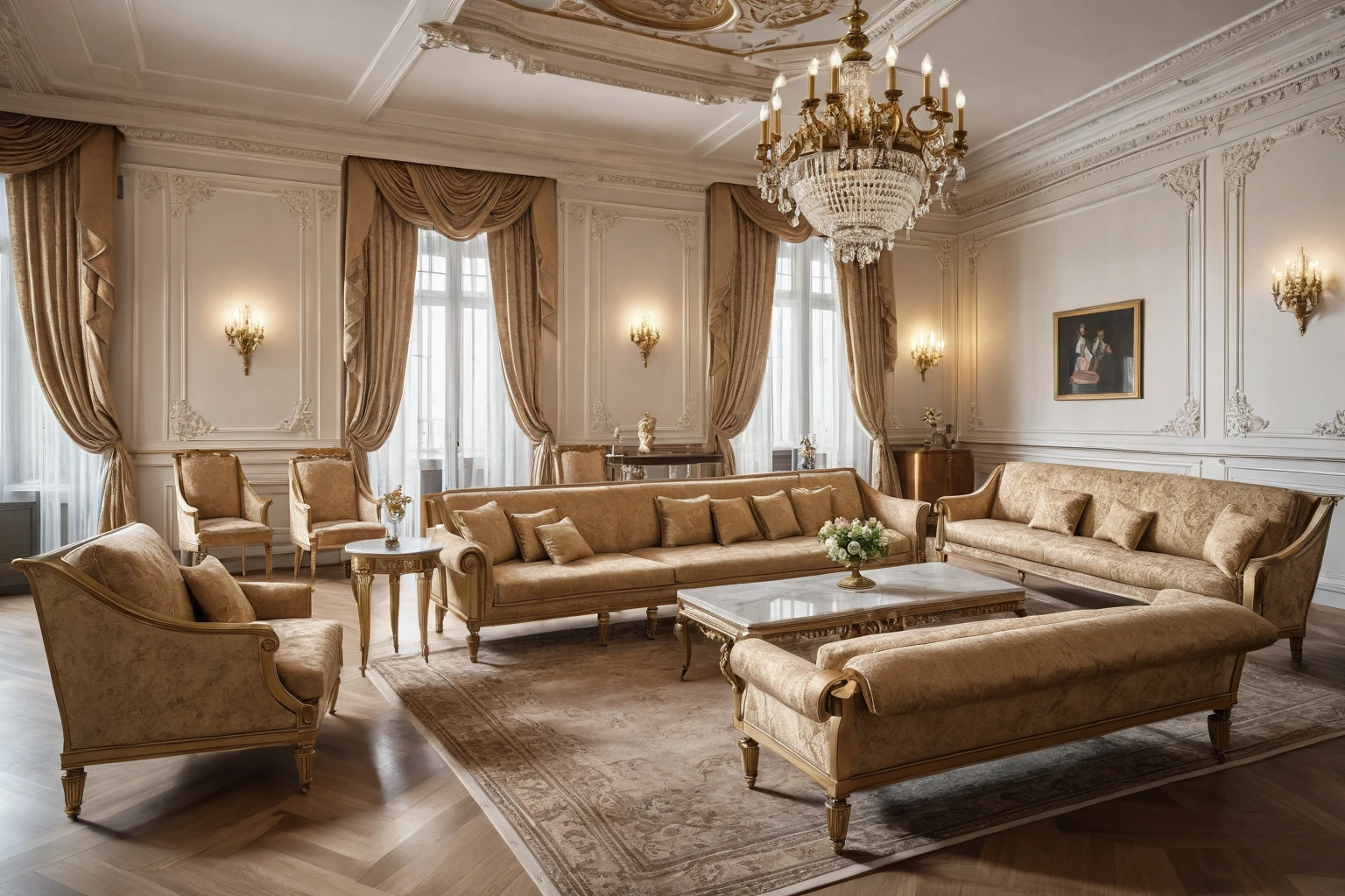 a view of a living room with a couch, chairs, and a chandelier, highly detailed interior, neo - classical style, neoclassical style, neoclassicism style, interior architecture view, interior living room, royal interior, classicism artstyle, library in the style of baroque, classicism style, realistic art deco, tall ceiling, detailed set design, high ceiling