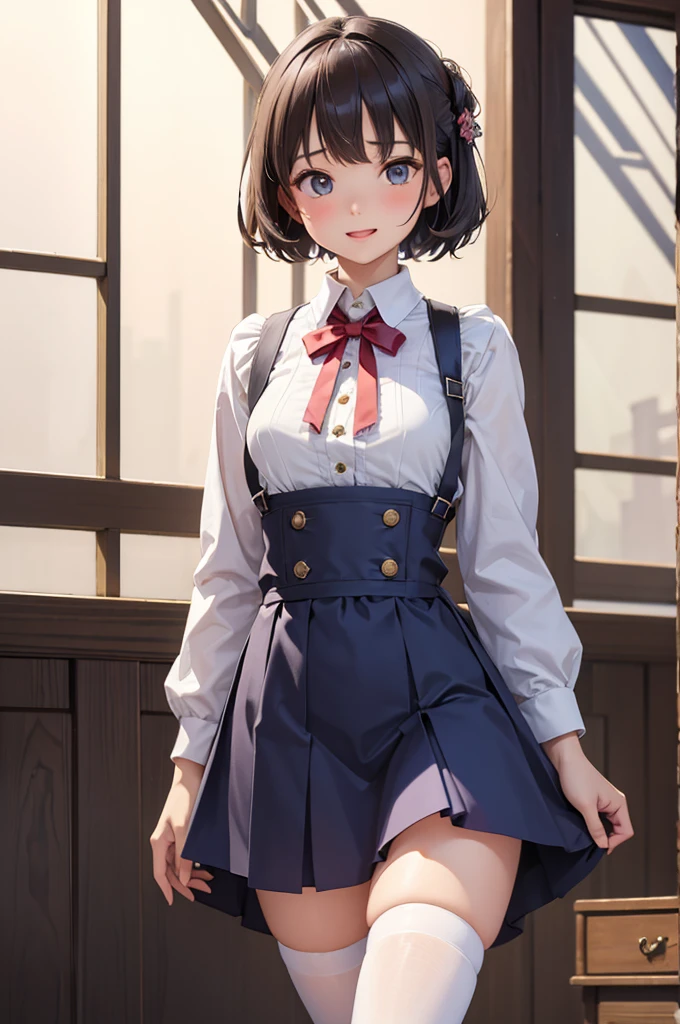 (masterpiece:1.2)、highest quality、High resolution、unity 8k wallpaper、(figure:0.8)、Highly detailed face、Perfect lighting、Highly detailed CG、(Perfect hands、Perfect ???????)、
One Girl、AS-Adult、Laughter、shirt、Skirt、(Small Tits)、dress、Pinafore、Hair decoration aids)、Walking with thighs、Upper body portrait、zettai ryouiki、