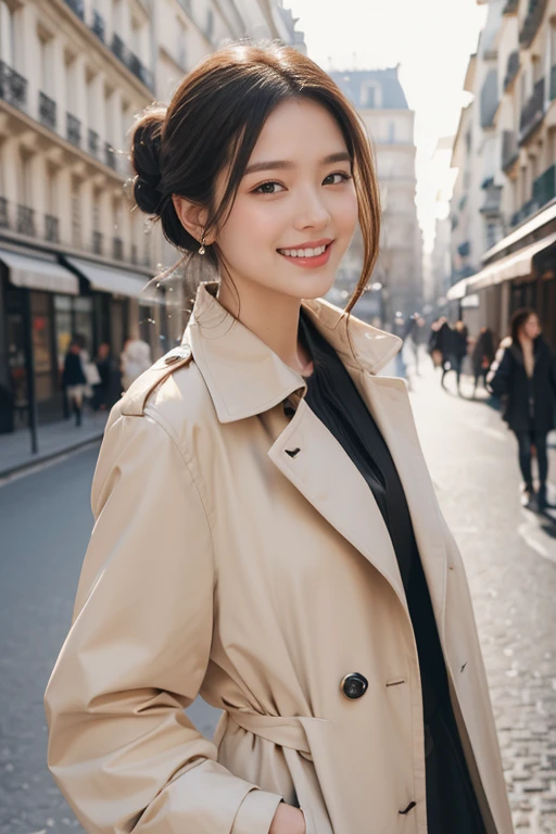 highest quality、4K、Perfect Face、Perfect Style、Sunburn、beautiful、stylish appeal、Mature、low chignon、Swept-back hair、in paris 、full body, giddy smile、hoop pierce、trench coat、french breads、well-proportion、