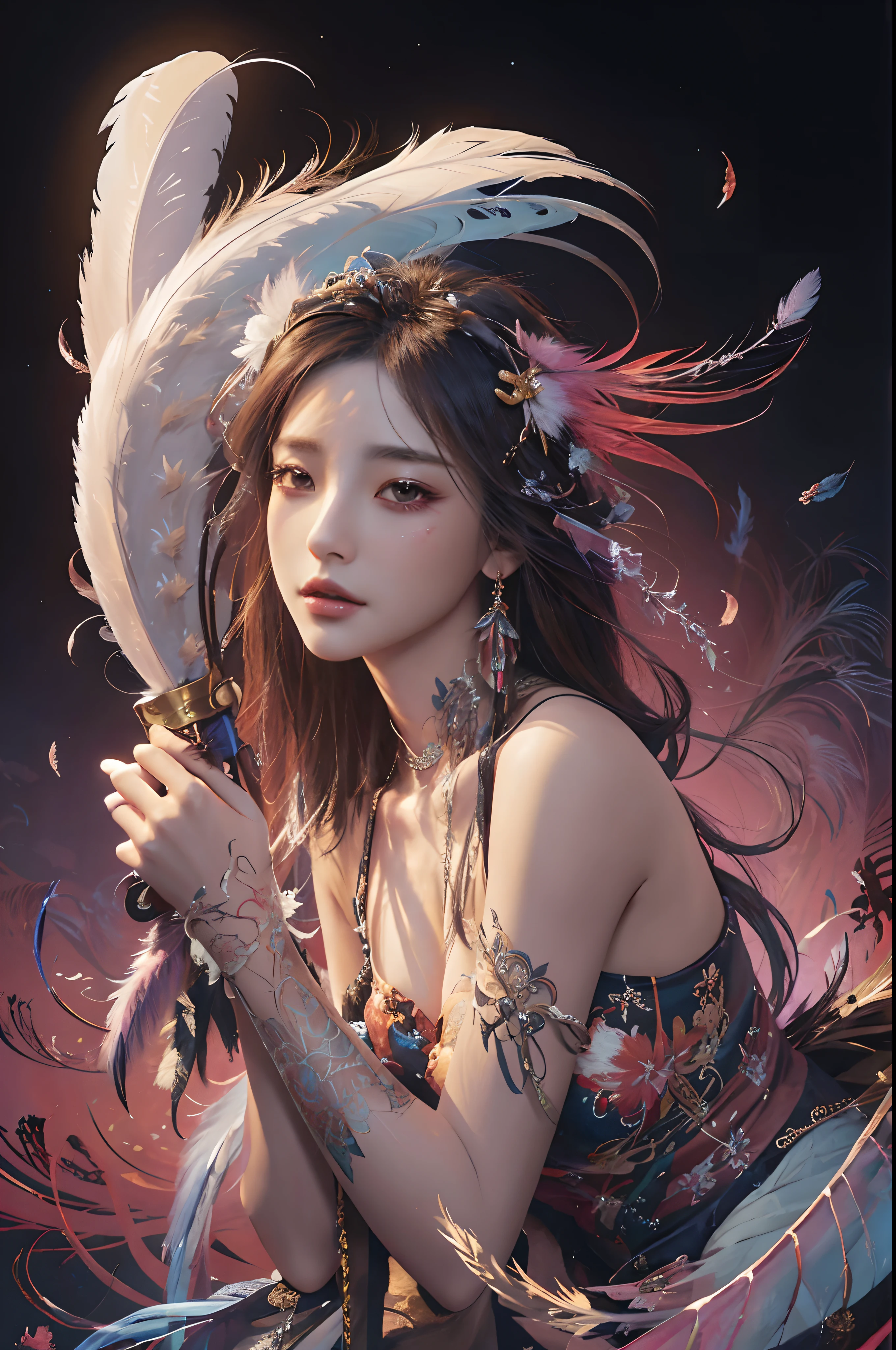 The desire of a woman with feathers and a feather hat and a sword, beautiful character drawings, งานBeautiful digital art, Fantasy art style, By Yang J, digital fantasy art ), Ross Tran 8 g, 8K high quality detailed artwork., beautiful art illustrations, Beautiful digital art, Beautiful digital illustrations, beautiful fantasy art, Guvis style art