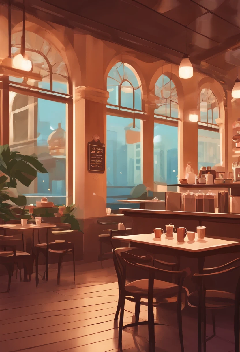 coffee shop, background illustration, anime style, lineless, tables