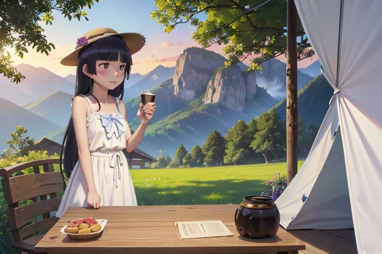 ((ruri gokou)), long hair, blush, black hair, 1girl, pants, mole, mole under eye, Straw hat, Awning hat, sundress, dress, white dress, Outdoor, camp, Beautiful Mountain々, background, The set up tent, clear々A beautiful morning, Light shines in, In front of the tent, coffee, Have fun, landscape, nature, quiet, picnic, Relaxation, refreshing, early morning, Calm, scenery, relax, fresh, Morning, Sunrise, hiking, Adventure, blue sky, fresh air, Journey, Majestic, Lush