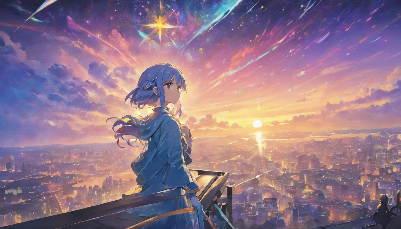 Close-up female elf looking up、Crying girl、Girl in Profile、The colorful Metropolitan Museum of Art in the background、Painting of a river with stars and moon in a rainbow sky、Met、輝くskyscraper、Shine overall、skyscraper、Concept art inspired by Tosa Mitsuoki、pixiv contest winners、highest quality、Fantasy art、Beautiful anime scene、Bright Moon、Moonlight Star Environment、Dream painting、Anime Background Art、Fantasy Landscape Painting、Fantasy Knight、Anime Background、Background artwork、Amazing art、Atmospheric anime、Starry Sky、details enhanced。