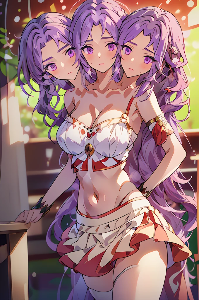 (masterpiece, best quality), best quality, (ultra-detailed), (3heads:1.5), 1girl, (meira:1.3), masterpiece, best quality, ultra detail, ultra resoltion, ultra detail, red and white top, crop top, ((stomach)), midriff, ((groin)), red and white skirt, frilled skirt, miniskirt, normal ears, shackles, purple hair, very long hair, wavy hair, sidelocks, dark purple eyes, fixed pupils, fixed iris, parted lips, very detailed eyes, sweat, cute, toned belly, hand on own chest, eyelashes, (24 year old woman:1.3), (masterpiece:1.5), (best quality:1.5), (beautiful detailed extremely detailed CG, extremely delicate and beautiful, depth of field, (finely detailed face), (perfect details:1.3), ( female:1.3), wide pelvis, slender, large veiny breastresolution, highres, high quality, high definition, extremely detailed, masterpiece, purple hair, long hair, alluring presence, twin braid, short skirt, close up, big tits, yo
