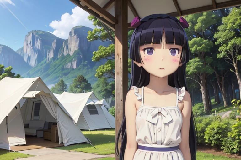 ((ruri gokou)), long hair, blush, black hair, 1girl, pants, mole, mole under eye, Straw hat, Awning hat, sundress, dress, white dress, Outdoor, camp, Beautiful Mountain々, background, The set up tent, clear々A beautiful morning, Light shines in, In front of the tent, coffee, Have fun, landscape, nature, quiet, picnic, Relaxation, refreshing, early morning, Calm, scenery, relax, fresh, Morning, Sunrise, hiking, Adventure, blue sky, fresh air, Journey, Majestic, Lush