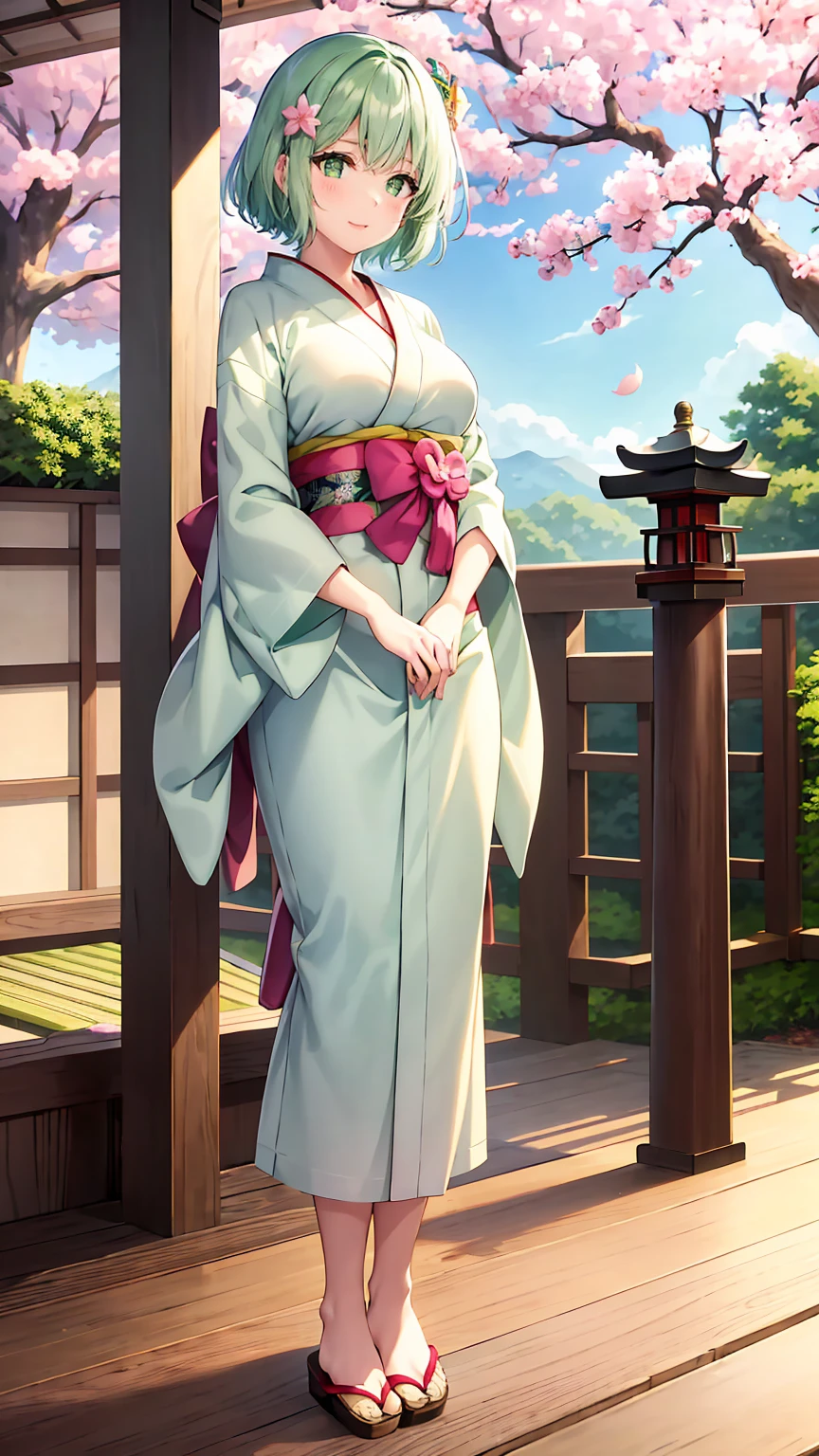 Girl with short green hair, Small breasts, Green Eyes, White Casual Wear Beauty Special、(((tits))),Full body photo from head to toe、Kimono、Patterned Japanese clothing、Cherry tree in full bloom、Fluttering petals、、Graceful Manners、Playing the shamisen、Playing in a Japanese-style room、play a sound、Japanese Instruments