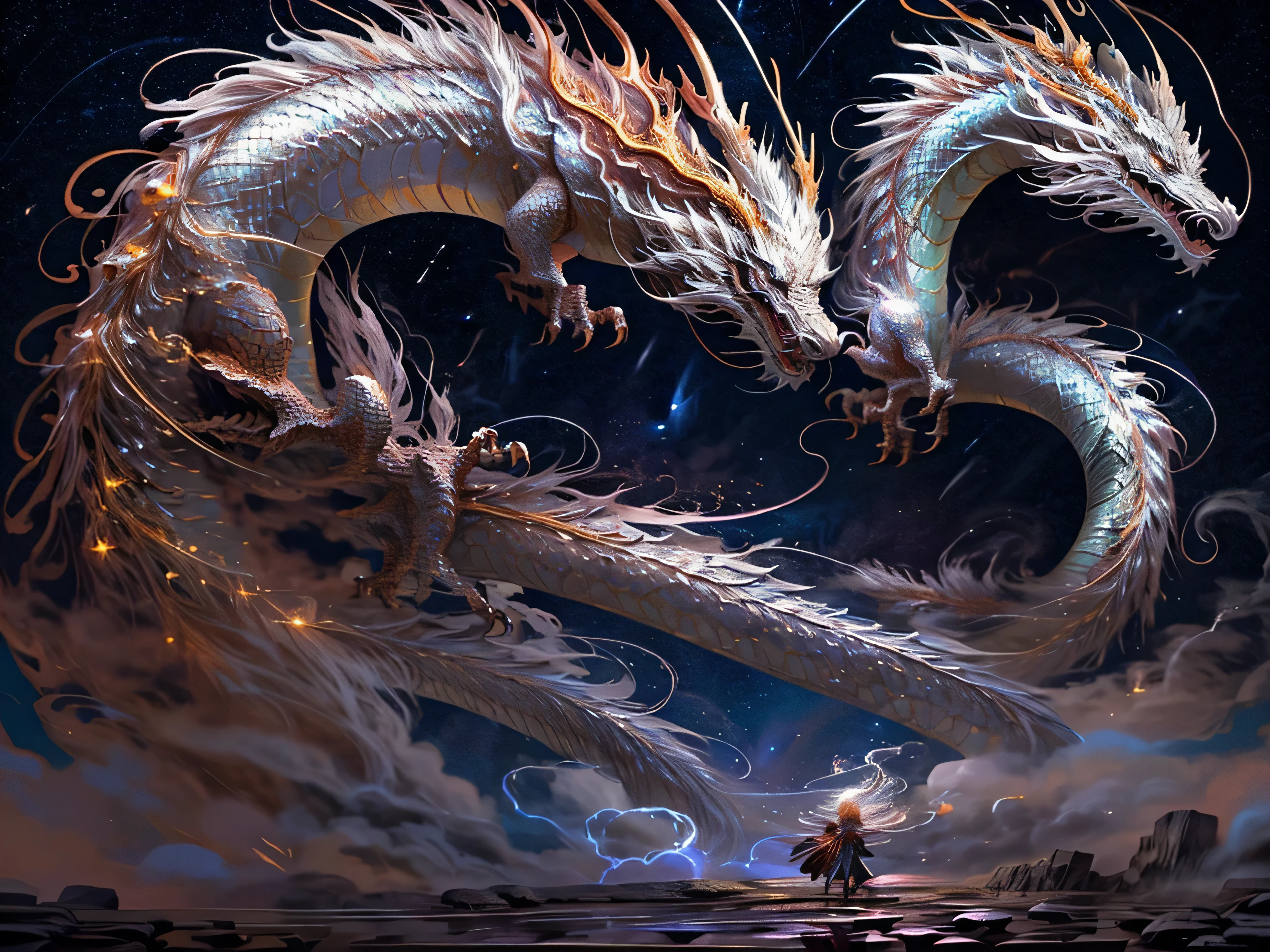 Dragon soaring through the star-studded night sky, embers flickering from its ancient scales like sparks of life igniting. A moonbeam dances across its fiery form, casting an ethereal glow upon its gleaming wings, adorned with intricate patterns that seem to shimmer and shift with each beat. Feathers of iridescent hues, reminiscent of starlight, glisten as they billow in the wind. Lightning arc and crackle around the dragon, their electric dance painting the heavens, a stark and dynamic contrast to the calm serenity of the night. This cinematic masterpiece presents an ultra-high resolution, offering an exquisite level of
