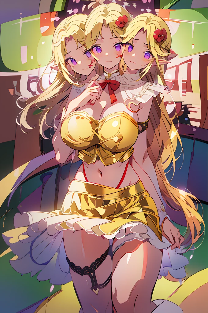 (masterpiece, best quality), best quality, (ultra-detailed), (3heads:1.5), 1girl, (elis:1.3), masterpiece, best quality, ultra quality, ultra resolution, ultra detail, white top, crop top, ((stomach)), midriff, ((groin)), red skirt with strange purple markings along its hem, miniskirt, normal ears, midriff, , blonde hair, very long hair, wavy hair, sidelocks, purple eyes, parted lips, sweat, cute, toned belly, hand on own chest, eyelashes, (25 year old woman:1.3), (masterpiece:1.5), (best quality:1.5), (beautiful detailed), extremely detailed CG, extremely delicate and beautiful, depth of field, (finely detailed face), (perfect details:1.2), (mature female:1.3), wide pelvis, slender, large veiny breast, 16k resolution, highres, very high quality, very high definition, extremely detailed, masterpiece, blonde long hair, alluring presence, twin braid, short skirt, close up, big tits, young, red bow, purple bat wings, nsfw, open belly, (girl with three heads),