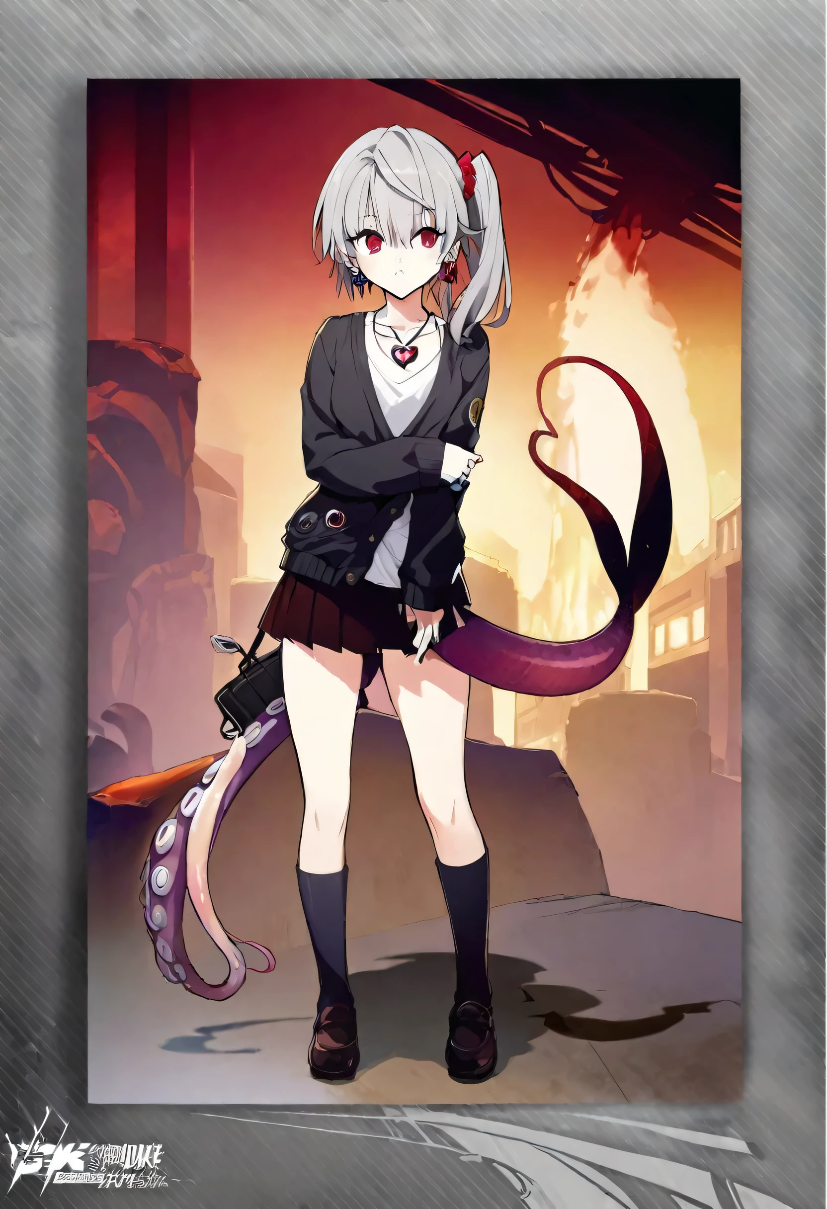 One Girl,whole body,Are standing,Dynamic,Concept Art,Side Ponytail,Scrunchie,Heart Shaped Necklace,Grey Hair,Light pink gradient hair,Beauty,Rin々Funny face,cool,18-year-old,Stylish,Height: 168cm,Long bangs that reach between the eyes,Black pleated skirt,Long sleeves,Toned body,Medium chest,Carnal breasts,Confused eyes,Unbuttoned white shirt,Mysterious atmosphere,Knee-high socks,Black Loafers,Red colored eyes,Stylish earrings,Double teeth,albino,Tentacle tail,Has bangs,Large ring,Red Ribbon Tie,Black Leather Bag,Black cardigan,Thinking face,Black Leather Bagパック,Biopunk tentacles coming out,Arknights-style stylish costume,