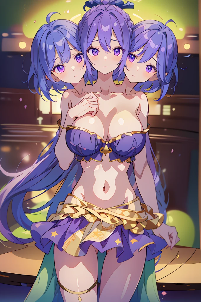 (masterpiece, best quality),best quality, (ultra-detailed), (3heads:1.5), 1girl, (shion yorigami:1.3), masterpiece, (high quality), (high resolution), (best quality:1.5, highres, UHD), highres, absurdo, ultra detail, ultra quality, ultra resolution, gray top, crop top, ((stomach)), midriff, ((groin)), blue semi-transparent skirt, normal ears, shackles, purple hair, very long hair, wavy hair, sidelocks, blue eyes, very detailed eyes, parted lips, blue ghost-like tail, sweat, cute, toned belly, hand on own chest, eyelashes, (24 year old woman:1.3), (masterpiece:1.5), (best quality:1.5), (beautiful detailed), extremely detailed CG, extremely delicate and beautiful, depth of field, (finely detailed face), (perfect details:1.2), (mature female:1.3), wide pelvis, slender, large veiny breast, 16k resolution, highres very high quality, very high definition, extremely detailed, masterpiece, purple hair, long hair, alluring presence, braid, short skirt, close up, big tits, young, girl with three heads,