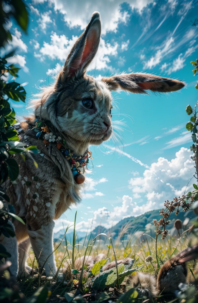 A beautiful female bunny with two long rabbit ears and a fluffy rabbit tail, wearing rabbit costume, sitting with bend legs and knees up in a lush of grass field in the morning, (best quality,4k,8k,highres,masterpiece:1.2),ultra-detailed,(realistic,photorealistic,photo-realistic:1.37), intricate detailed eyes, extremely detailed face and skin, glowing skin, flowing hair, detailed bare droopy breast, soft natural lighting, vivid colors, cinematic composition, fantasy, magical realism, low angle, (seen from below:1.1)