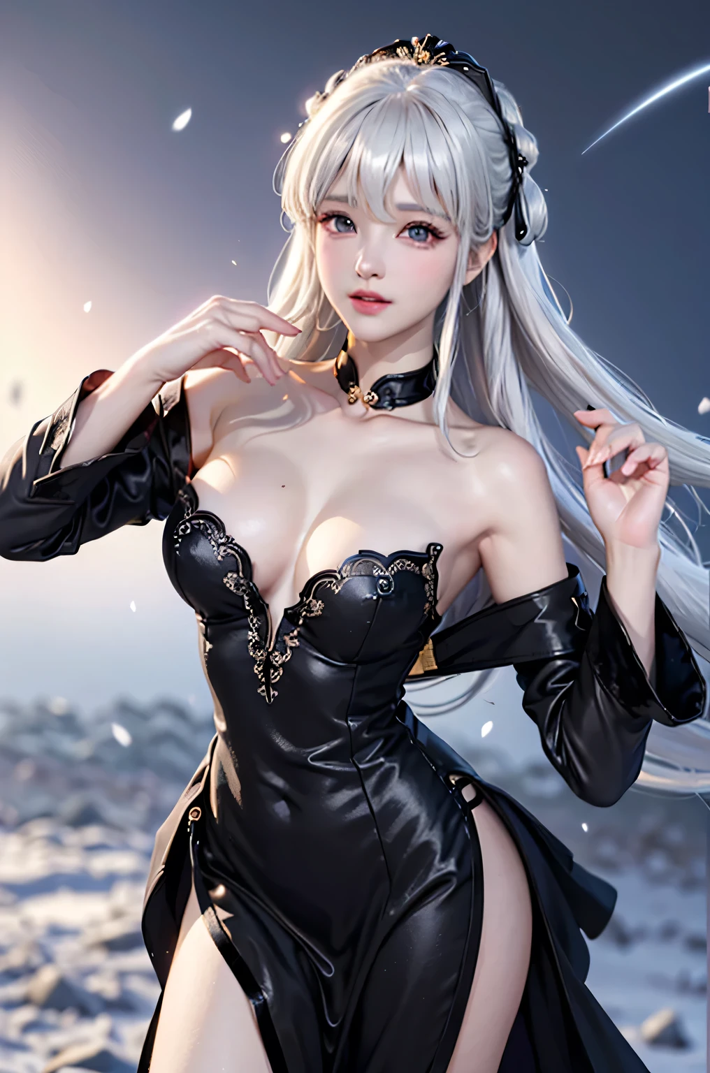 (Close-up)((masterpiece:1.5、8k、Tabletop、Photorealistic and very detailed CG、Very detailed、Particle Effects、Dynamic Effects、Written boundary depth、Cinematic Light、Lens flare、Ray Tracing、Tabletop、Realistic:1.4、超A high resolution、Realistic、Realistic))((alone、,(velvet off shoulder long black dress, side slit)fur coat on:1.woman wearing 3:1.4、Elegant woman posing、Detailed face、brightexpression、young, bright, Whiter skin、medium beauty breasts、Best Looks、Ultimate beauty、White hair with shiny highlights、Bright and shiny straight bob hair、Hair dancing in the wind))(morning、fantastic snow background)
