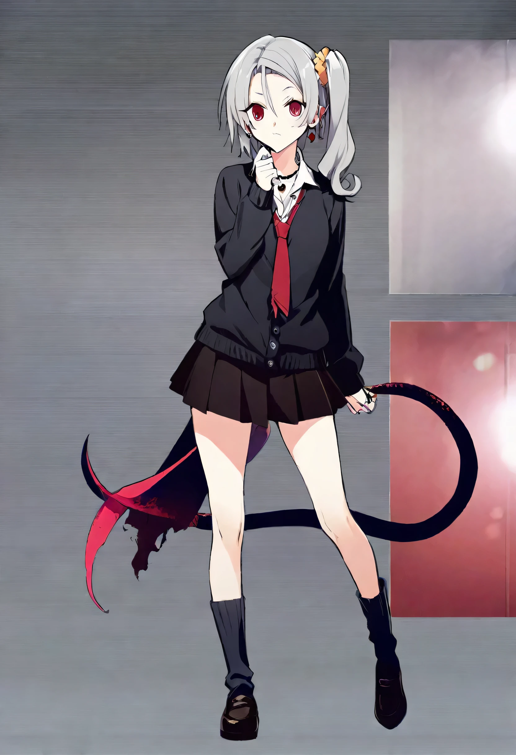 One Girl,whole body,Are standing,Dynamic,Concept Art,Side Ponytail,Scrunchie,Heart Shaped Necklace,Grey Hair,Light pink gradient hair,Beauty,Rin々Funny face,cool,18-year-old,Stylish,Height: 168cm,Long bangs that reach between the eyes,Black pleated skirt,Long sleeves,Toned body,Medium chest,Carnal breasts,Confused eyes,Unbuttoned white shirt,Mysterious atmosphere,Knee-high socks,Black Loafers,Red colored eyes,Stylish earrings,Double teeth,albino,Tentacle tail,Has bangs,Large ring,Red Ribbon Tie,Black Leather Bag,Black cardigan,Thinking face,Black Leather Bagパック,Biopunk tentacles coming out,Arknights-style stylish costume,