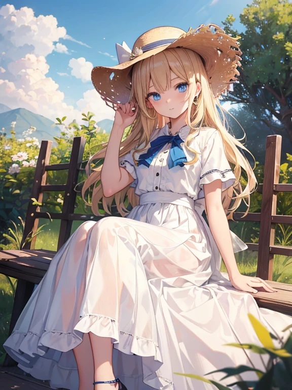 masterpiece, highest quality, Very detailed, 16k, Ultra-high resolution, Cowboy Shot, ****************, Detailed face, Perfect Fingers, blue eyes, Blonde, Long Hair, Straw hat, Gorgeous white blouse, Luxurious brooches, Long skirt, Enamel shoes, polar animals, Kenya&#39;s Grasslands, elephant, giraffe, Lion, zebra, Rhino, impala