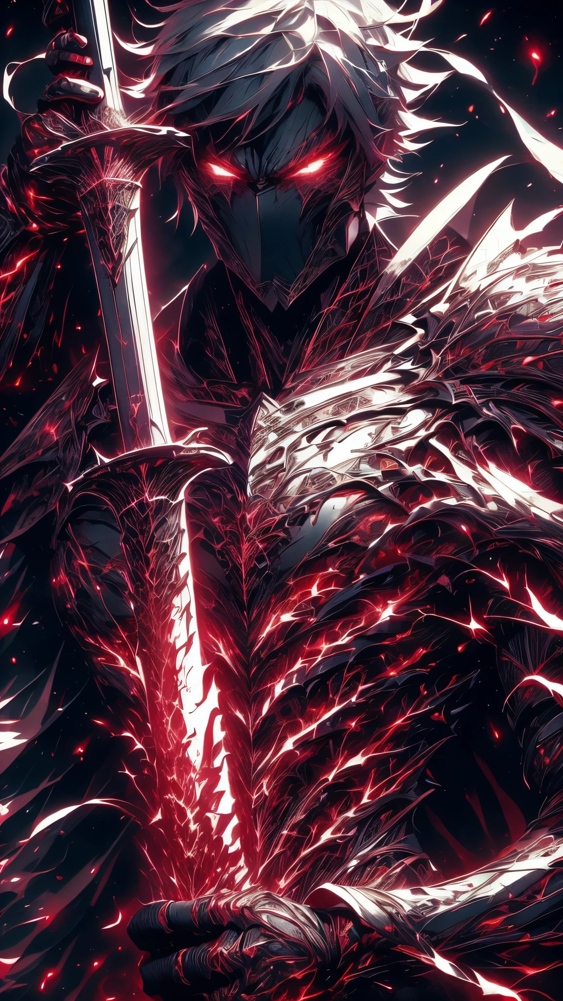 A high resolution, High quality,(Beautiful), ((Masterpiece)),Vibrant colors,1boys, mod \(rampage\), Male focus, Arms, Biceps, Strong muscles,scars in the face, Short black hair, Bandages,The right eye is closed, A strand of white hair,Extremely angry face,(Hylock Knight,Armor, Shoulder armor, Black armor,Black cape,Giant sword, Glowing red eyes), hdr (HighDynamicRange), Maximum clarity and sharpness, Multi-layered textures,ultra - detailed,