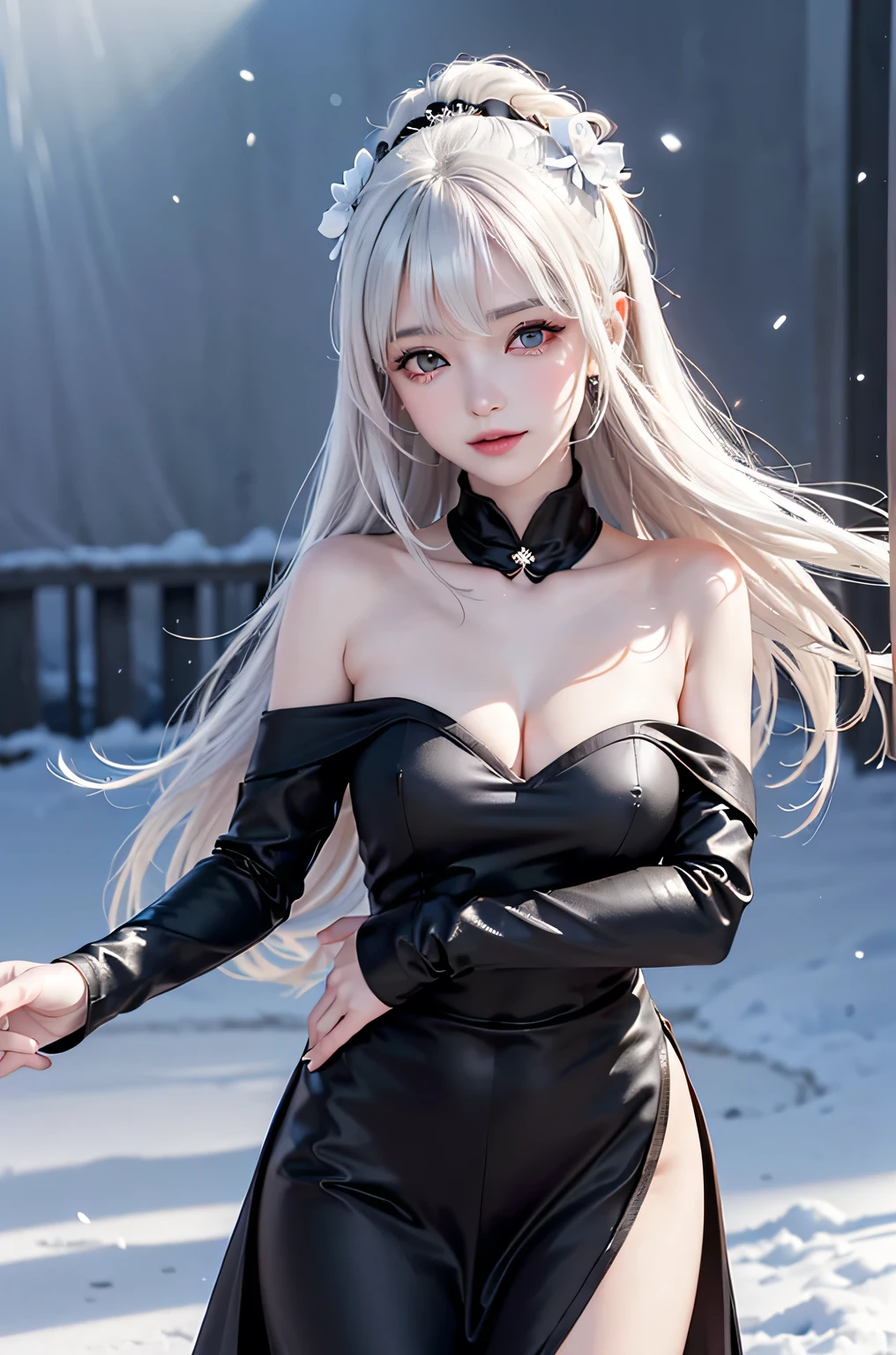 (Close-up)((masterpiece:1.5、8k、Tabletop、Photorealistic and very detailed CG、Very detailed、Particle Effects、Dynamic Effects、Written boundary depth、Cinematic Light、Lens flare、Ray Tracing、Tabletop、Realistic:1.4、超A high resolution、Realistic、Realistic))((alone、,(velvet off shoulder long black dress, side slit)fur coat on:1.woman wearing 3:1.4、Elegant woman posing、Detailed face、brightexpression、young, bright, Whiter skin、medium beauty breasts、Best Looks、Ultimate beauty、White hair with shiny highlights、Bright and shiny straight bob hair、Hair dancing in the wind))(morning、fantastic snow background)