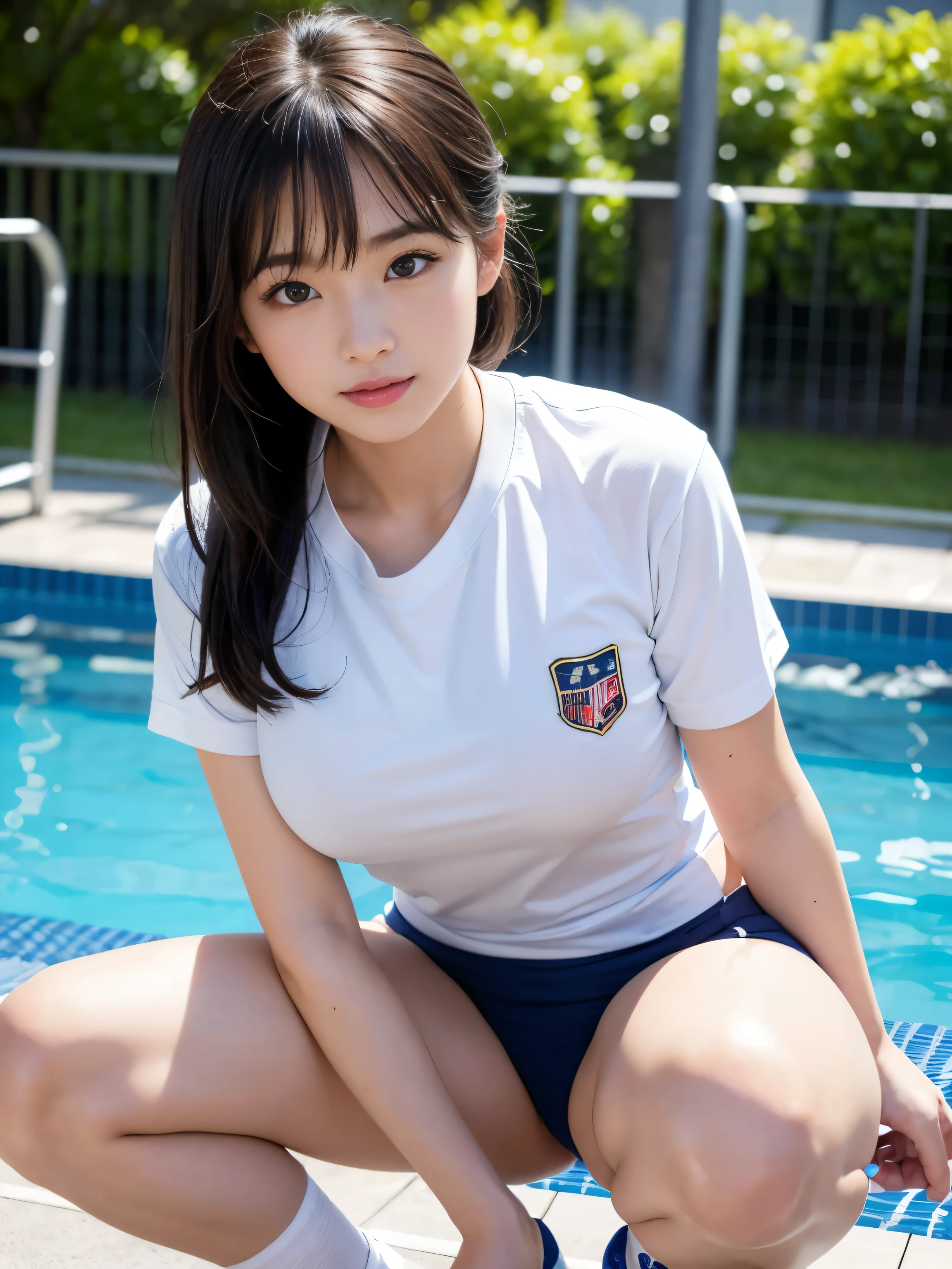 ultra highres,(reality: 1.4),highest quality, masterpiece, high detail, 16K quality, beautiful, 1 beautiful girl,japanese,super beautiful face,,japanese idol face,cute face,super detailed face,detailed hand,beautiful skin,sweaty skin,big eyes,big smile,profeccional lighting,medium hair, black hair,brown beautiful eyes, gym uniform,school gym navy buruma, white shirt, short sleeves, squatting,spread legs,medium breasts,high socks,she is looking at the camera,pool side,blue sky,nsfw,from front,