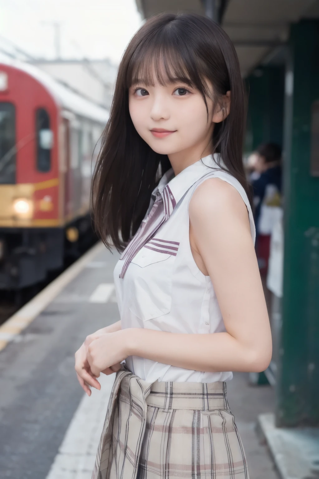 (masterpiece, highest quality:1.2), 8k, 12才のFull nudityの女の子, 85mm,Official AR RAW Photos, スーパースリムなスレンダーbeautiful girl, skirt、上Half BodyHalf BodyFull nudity、He rolled up his sleeveless white shirt.、Exposing the breasts、beautiful medium-sized breasts、Show me your ears、Naked girls photoshoot、Full nudity, Cute Face, close, Half Body, It was a race, Gardenia, beautiful girl, , Thighs, Short sleeve, Station platform、 Looking at the audience, No makeup, (Big smile), Film Grain, chromatic aberration, Sharp focus, Face Light, Bright lighting, 10 generations, Detailed face, Background Blur, (Dark red tie:1.1)、((((((12 year old girl with her shirt tucked up))))))、((((((12才のFull nudity女子高生)))))、Tight waist、Embarrassing pose、Shy and nervous girl、 Sad face