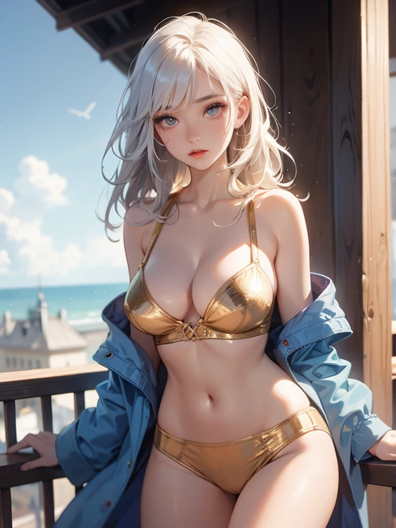 balcony,Sunlight,Beautiful woman, Extremely sexy body, Detailed full breasts, Look directly into the camera, Sexy appearance,Golden-white hair