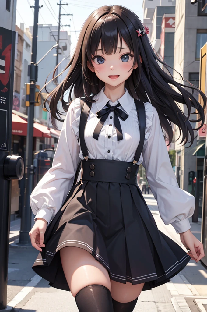 (masterpiece:1.2)、highest quality、High resolution、unity 8k wallpaper、(figure:0.8)、Highly detailed face、Perfect lighting、Highly detailed CG、(Perfect hands、Perfect Anatomy)、
One Girl、AS-Adult、Laughter、shirt、Skirt、（Small Tits）、dress、Pinafore、Hair decoration aids）、Walking with thighs、Upper body portrait、