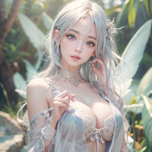 (masterpiece:1.3), (8k, Realistic, RAW Photos, Best image quality: 1.4), Fair-skinned fairy woman、short hair、Cleavage:2.0、Highly detailed face、Attention to detail、double eyelid、Sharp focus:1.2、Beautiful woman:1.4、Silvery white hair、highest quality、masterpiece、Ultra-high resolution、(Realistic:1.4)、Highly detailed and professionally lit smiles、Loose, Light,Japanese high 、 one person、whole body,　I eat breakfast 