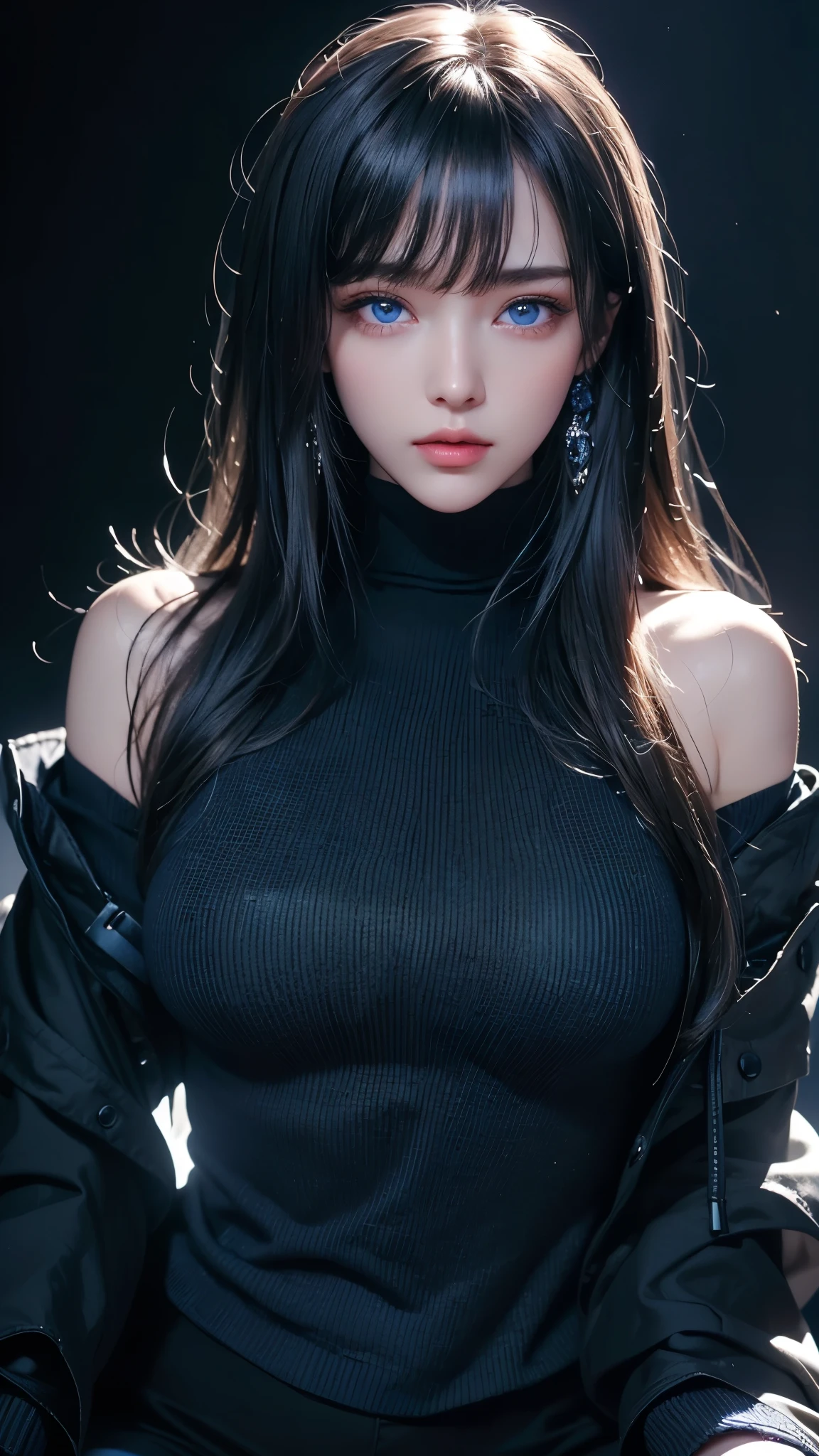 masterpiece, highest quality, Super detailed, Facing the camera, 複雑に詳細なSuper detailed, Realistic, Sharp features, Very detailed, Sharp focus, Perfect Face, Perfect Face, Perfect symmetrical perfect eyes, Perfect Plump Lips, Flexible female form, Cinematic, Film Light, Super detailed, hyper Realistic, masterpiece, Atmospheric, High resolution, Vibrant, Dynamic Studio Lighting, ((Dark Background)), The expression when enduring pleasure, Straight bangs, blue eyes,Black sweater, Cowboy Shot,turtleneck、first round、 aroused expression、Accessories on the chest