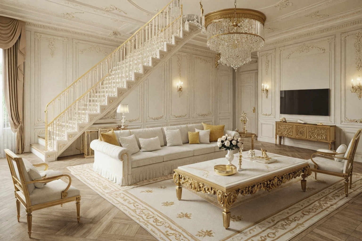 a view of a living room with a couch, chairs, and a chandelier, highly detailed interior, neo - classical style, neoclassical style, neoclassicism style, interior architecture view, interior living room, royal interior, classicism artstyle, library in the style of baroque, classicism style, realistic art deco, tall ceiling, detailed set design, high ceiling