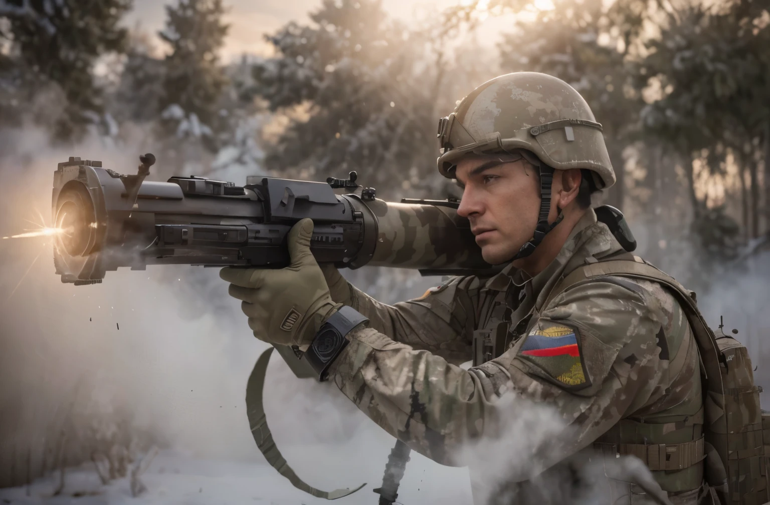Famle soldier is looking through the sight of a heavy rocket launcher, Highly detailed face, British features, Military uniform, Gray and white camouflage, Belt with ammunition, bulletproof vest, hands with gloves, Highly detailed hands, carries a heavy rocket launcher, Modern city, fire smoke, destroyed tank, 4k, Ultra detailed image, realistic, Highly detailed, perfect composition, gorgeous, Intricately detailed, incredibly detailed, Art photography 8K, hyper detailed, Masterpiece, Ultra detailed, hyper realistic, 4k, Ultra detailed image, realistic, Highly detailed, perfect composition, beautiful, intricately detailed, incredibly detailed, art photography 8k, hyper detailed, masterpiece