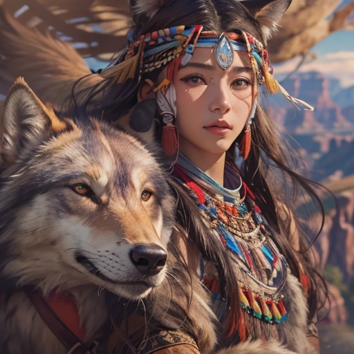 At the Grand Canyon、Hair flow、 ((highest quality、masterpiece、8k、Best image quality、Ultra-high resolution、Award-winning works)、(Accurate anatomy:1.1)、(Look at me and smile:1.1)、Shining fair skin with Ultra-high resolution、The most detailed face、Ultra-high resolution detailed face、Ultra-high resolutionの髪の毛、(Ultra-high resolutionの煌めく瞳:1.1)、Beautiful face drawn in every detail、(Blurred Background:1.1)、Native American Costume, American Indian Clothing, Chest to chest, tattoo、A real giant condor next to you。The wolf is watching