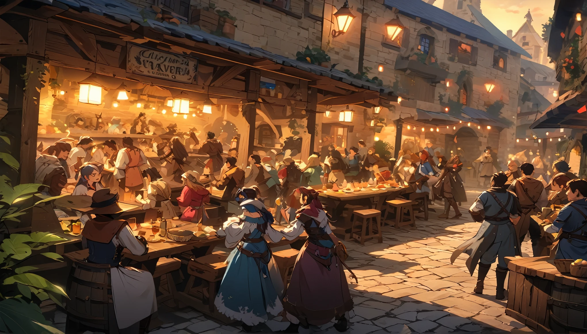 highest quality, Absolute Resolution, Unity Wallpaper 8k,Ultra-detailed, well-defined face, Izakaya,Roleplaying,crowd,Fantasy,Cozy festival atmosphere,Impressionist style,Soft Light, Bright colors,Blurred Background,Genuine brushwork,Adventurer Group,Medieval atmosphere,Taverna Cheia,Warmth and a magical feeling,Vivid and engaging,sunset,Harmonious composition, Artistic Capture,Classic and timeless,Movement,fantastic and enchanting,Breathing life into the painting.=