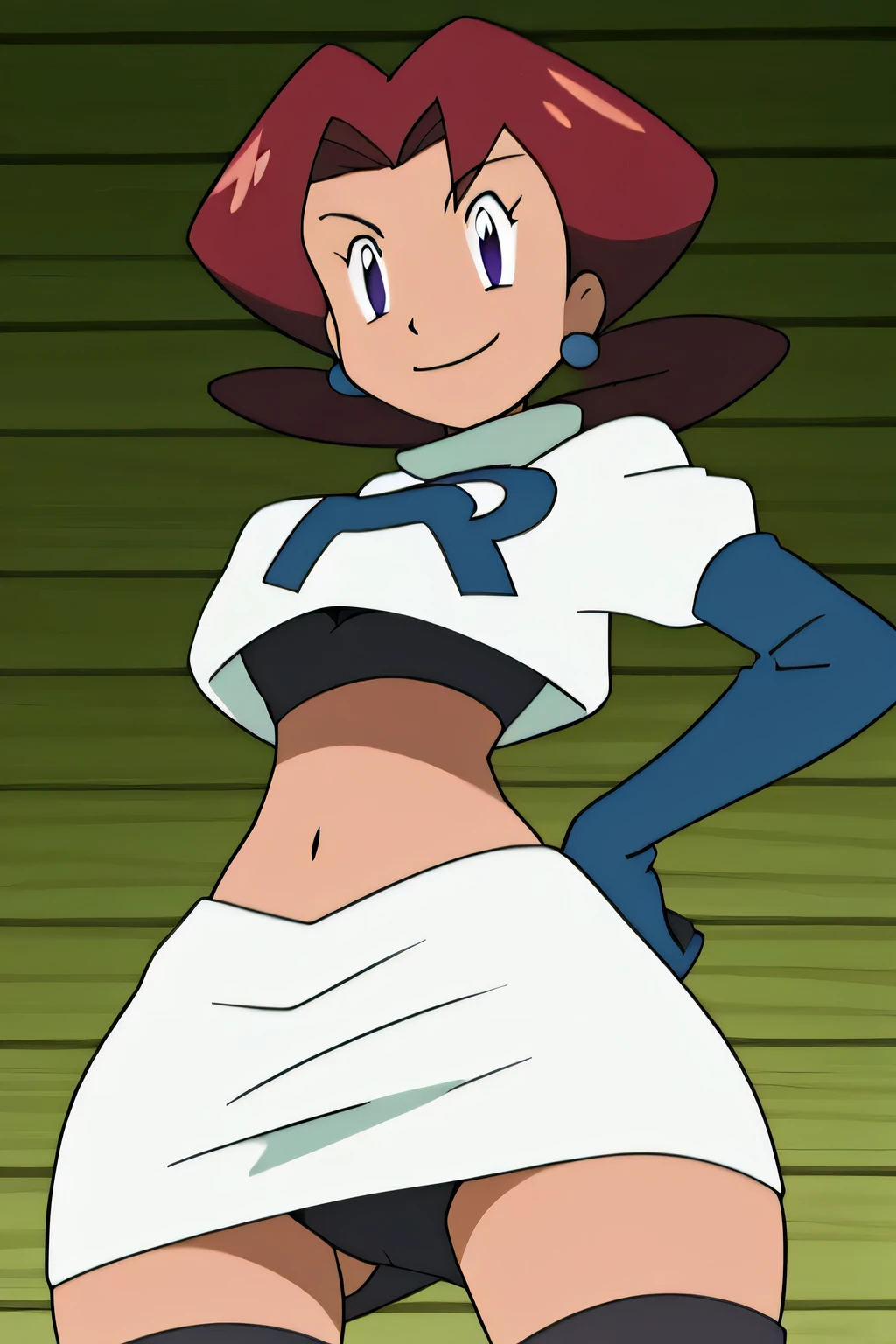 8k, masterpiece,highres, team rocket uniform, red letter r, white skirt,white crop top,black thigh-high boots, black elbow gloves, smiling, looking down at viewer, hands on hips, cowboy shot, zettai ryouiki,from below, black panties,anime style, vivid colors, sharp focus, intense lighting,caroline