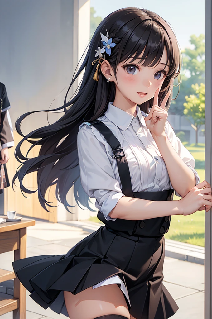 masterpiece、Soft Focus , Bright gradient watercolor、Tabletop, High resolution, 8k, Anime Women, Delicate and detailed writing 、Detailed digital illustration、high resolution, high quality、Detailed Background、Close-up photo、(((Two arms、Four fingers, One thumb)))、Detailed female face、Accurate Fingerasterpiece:1.2)、highest quality、High resolution、unity 8k wallpaper、(figure:0.8)、Highly detailed face、Perfect lighting、Highly detailed CG、(Perfect hands、Perfect Anatomy)、
One Girl、AS-Adult、Laughter、shirt、Skirt、(Small Tits)、dress、Pinafore、black long hair、(Hair decoration aids)、Walking with thighs、Upper body portrait、zettai ryouiki、
