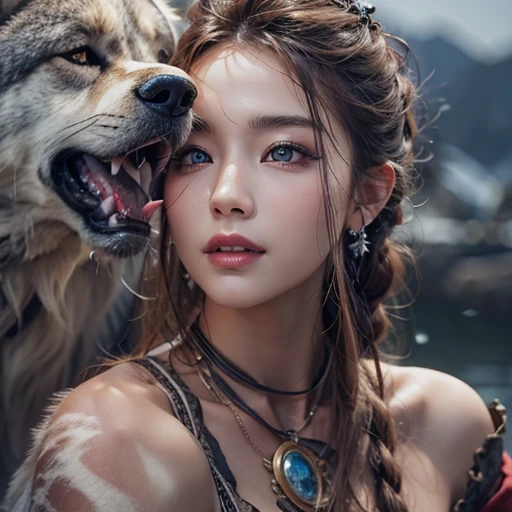 Lakeside surrounded by snowy mountains、Hair flow、 ((highest quality、masterpiece、8k、Best image quality、Ultra-high resolution、Award-winning works)、(Accurate anatomy:1.1)、(Look at me and smile:1.1)、Shining fair skin with Ultra-high resolution、The most detailed face、Ultra-high resolution detailed face、Ultra-high resolutionの髪の毛、(Ultra-high resolutionの煌めく瞳:1.1)、Beautiful face drawn in every detail、Ancient Viking clothing, Chest to chest, tattoo, A real wolf is by your side