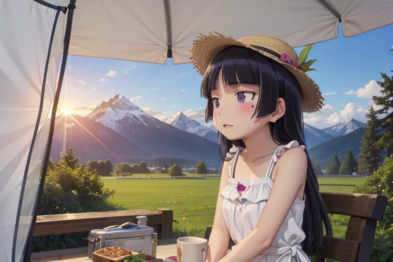 ((ruri gokou)), long hair, blush, black hair, 1girl, pants, mole, mole under eye, (Straw hat), Awning hat, (sundress), dress, (white dress), Outdoor, camp, Beautiful Mountain々, background, The set up tent, clear々A beautiful morning, Light shines in, In front of the tent, coffee, Have fun, landscape, nature, quiet, picnic, Relaxation, refreshing, early morning, Calm, scenery, relax, fresh, Morning, Sunrise, hiking, Adventure, blue sky, fresh air, Journey, Majestic, Lush