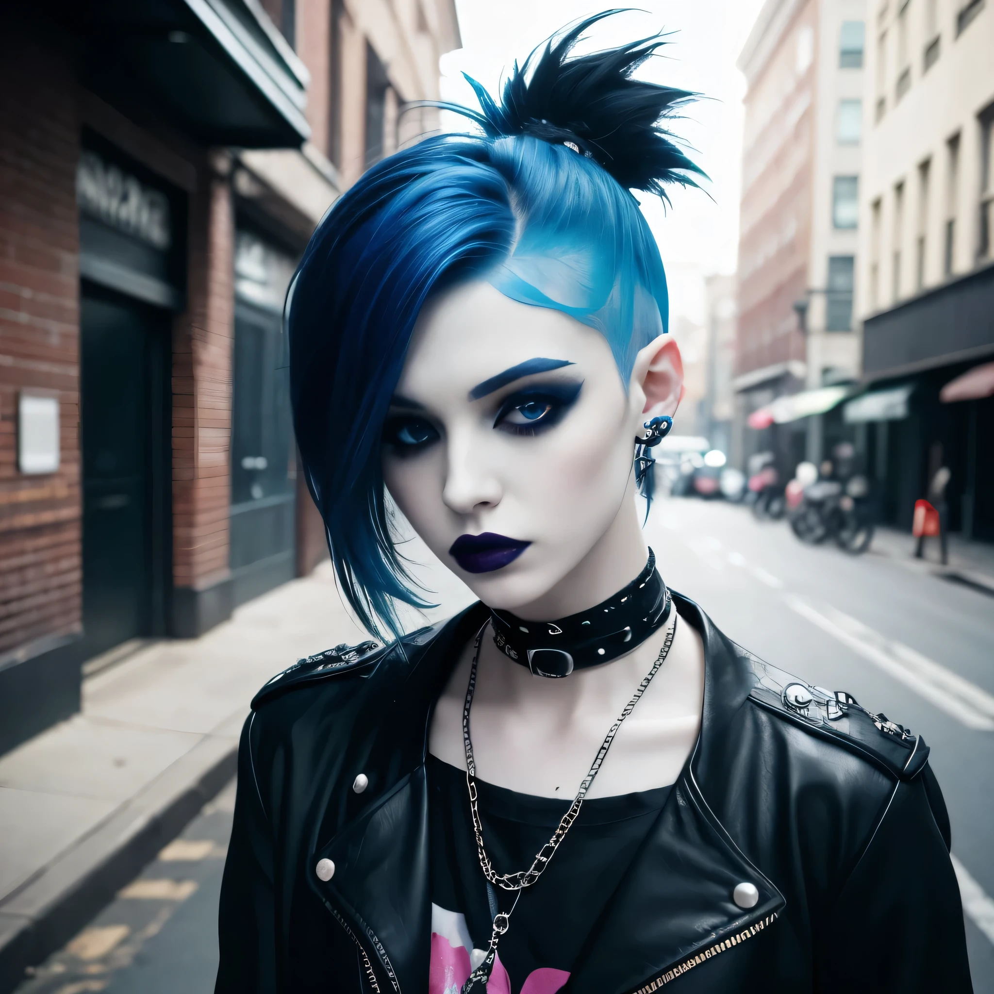 goth, excited, pale skin, smoky eyes, vivid colors, punk clothing, punk rock hairstyle, blue hair, black lips, abandoned street, body view