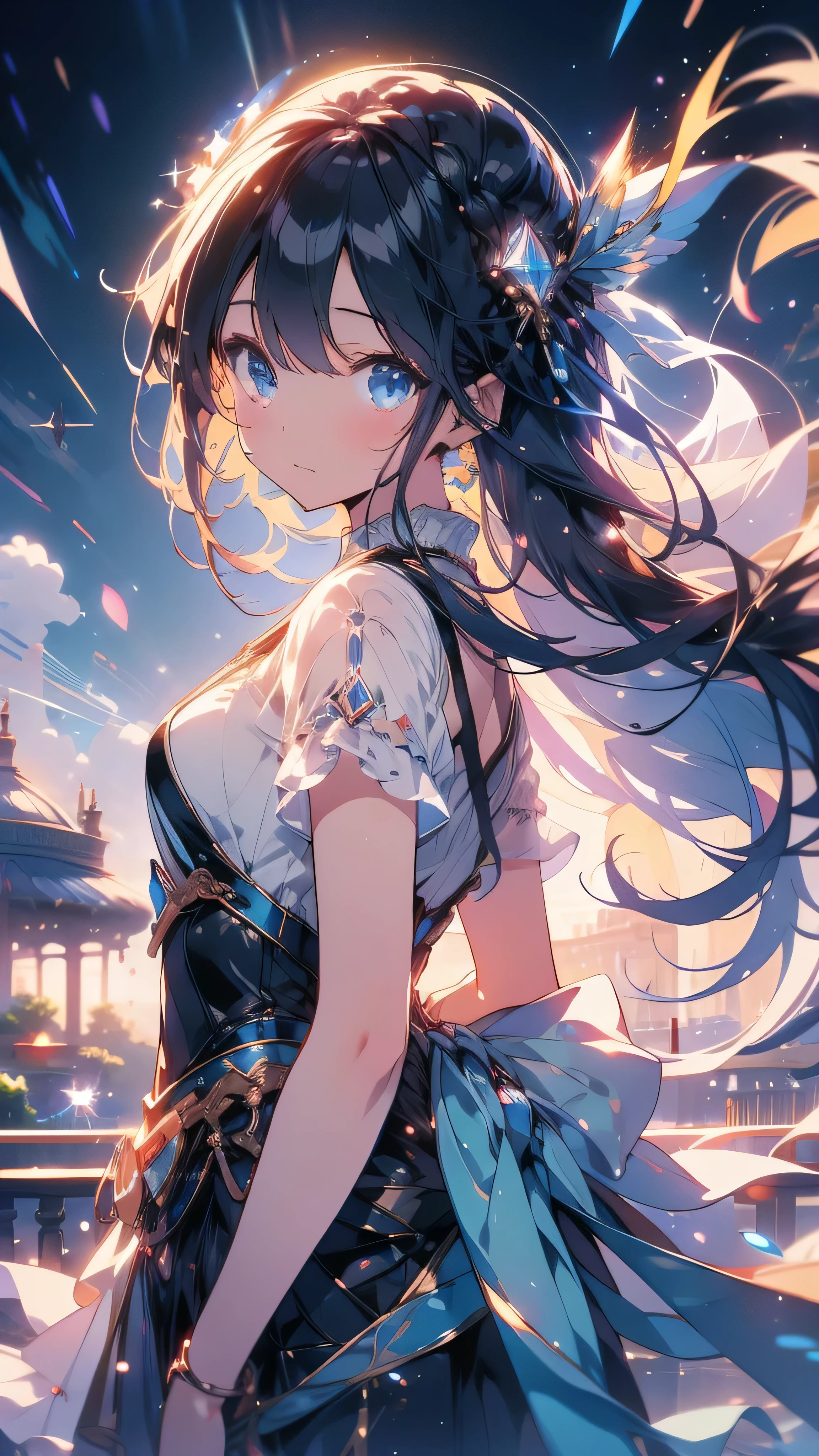 anime,depth of field, cinematic lighting, lens flare, f/1.2,(masterpiece:1.2),(high definition),Glass-like transparency、Fantasy、mysterious、girl１people、cute、Fantasy background、Overall bright、blue sky、under the sun