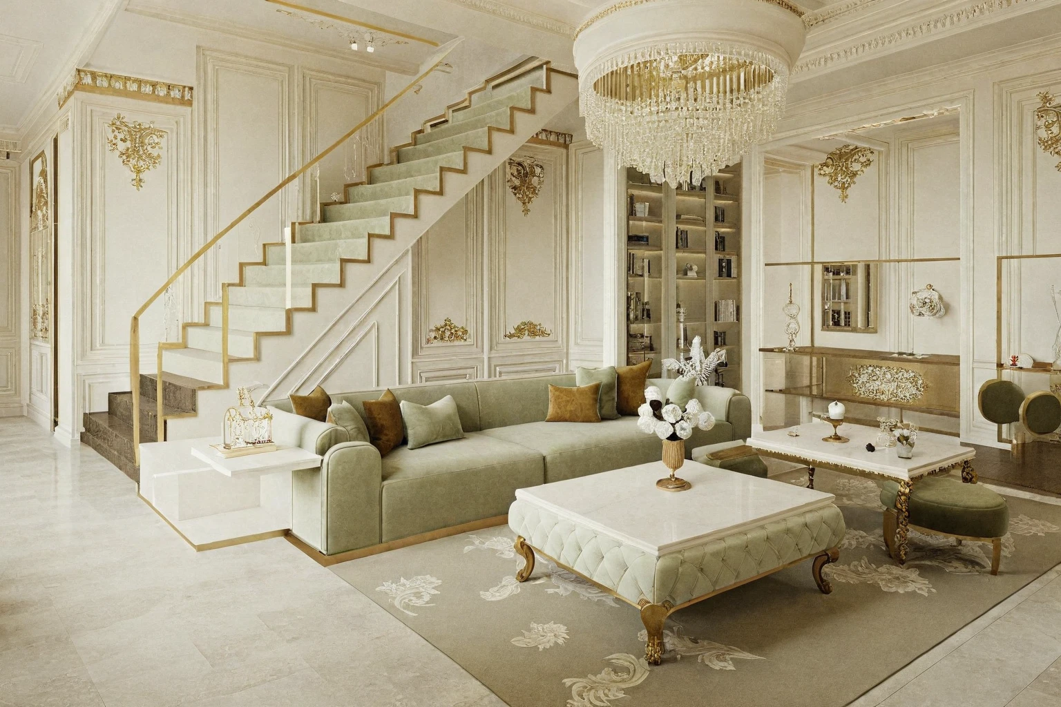 a view of a living room with a couch, chairs, and a chandelier, highly detailed interior, neo - classical style, neoclassical style, neoclassicism style, interior architecture view, interior living room, royal interior, classicism artstyle, library in the style of baroque, classicism style, realistic art deco, tall ceiling, detailed set design, high ceiling