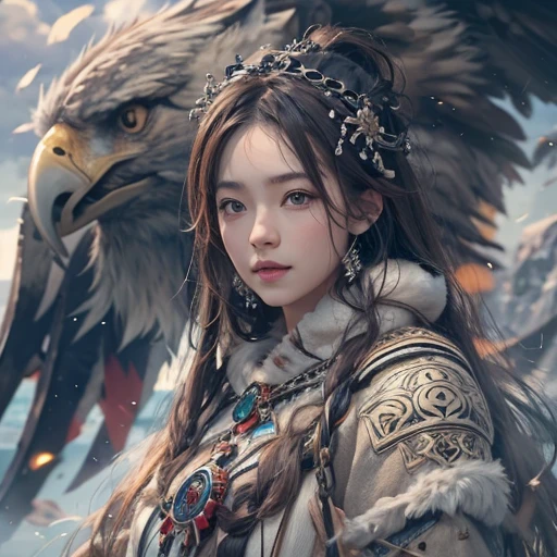 Hiding in the snowy mountains、Hair flow、 ((highest quality、masterpiece、8k、Best image quality、Ultra-high resolution、Award-winning works)、(Accurate anatomy:1.1)、(Look at me and smile:1.1)、Shining fair skin with Ultra-high resolution、The most detailed face、Ultra-high resolution detailed face、Ultra-high resolutionの髪の毛、(Ultra-high resolutionの煌めく瞳:1.1)、Beautiful face drawn in every detail、(Blurred Background:1.1)、Ancient Inuit clothing, Chest to chest, tattoo, Old ruins in the background、Apart from the real giant eagle