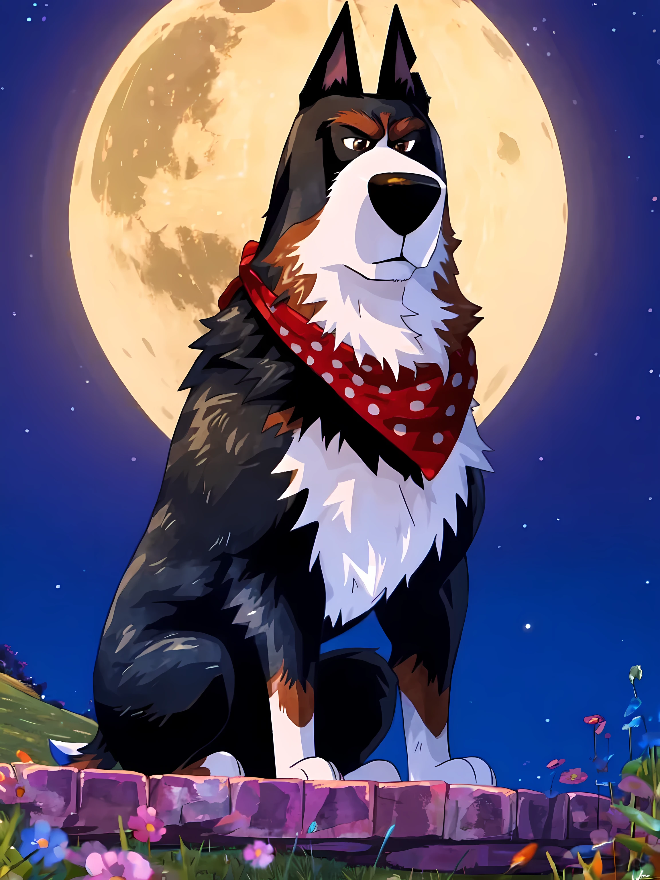 rooster the dog, masculine, male, quadruped, feral dog, very muscular:1.2, muscles:1.2, pectorals:1.2, strong chest, biceps, muscular shoulders, muscular neck, wide chest, muscular chest, negger style, wfa style, echin style, countryside background, night background, night, full moon, watercolors, red scarf, cel shading, full body, detailed eyes, high quality, high resolution, detailed, sitting dog