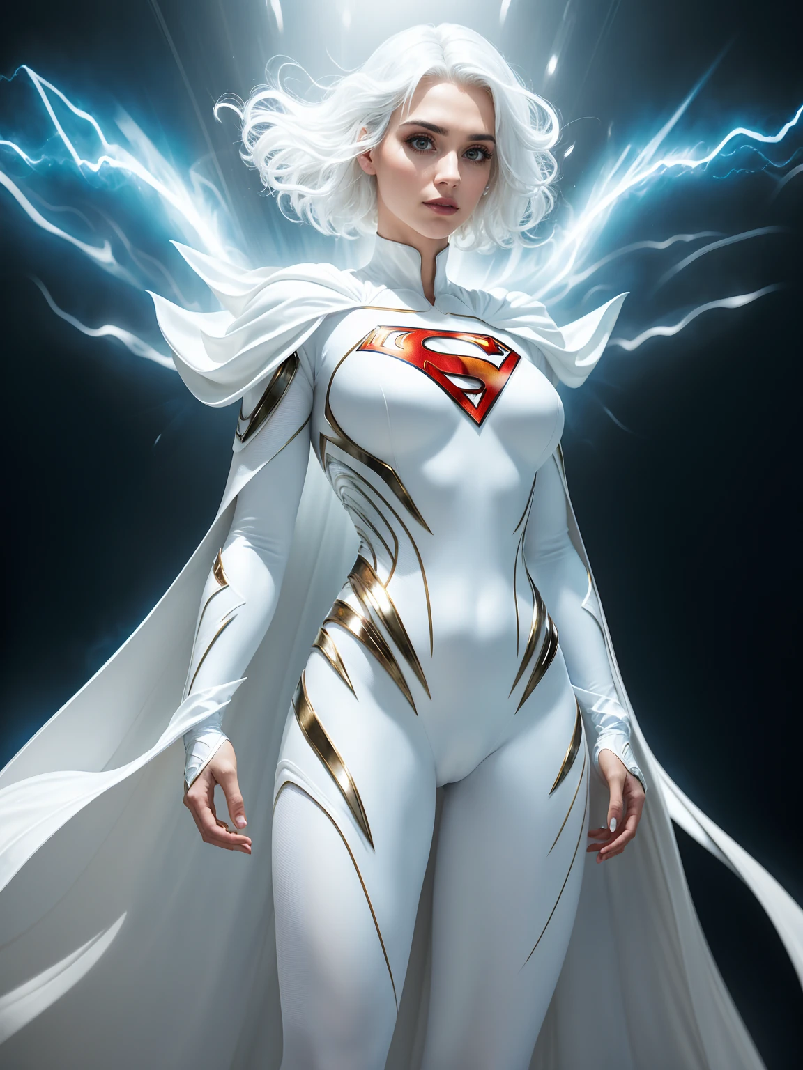 A 25-year-old girl with white hair in an elaborate long-sleeved Superman costume in white, covering the whole body, Vivid colors, dramatic  lighting, white capelet , White Superman Costume, Suit with white carbon fiber details, (intricate details:0.9), (HDR, hyper-detailing:1.2), (natural skin textures, hyper realisitc, soft light, Sharp