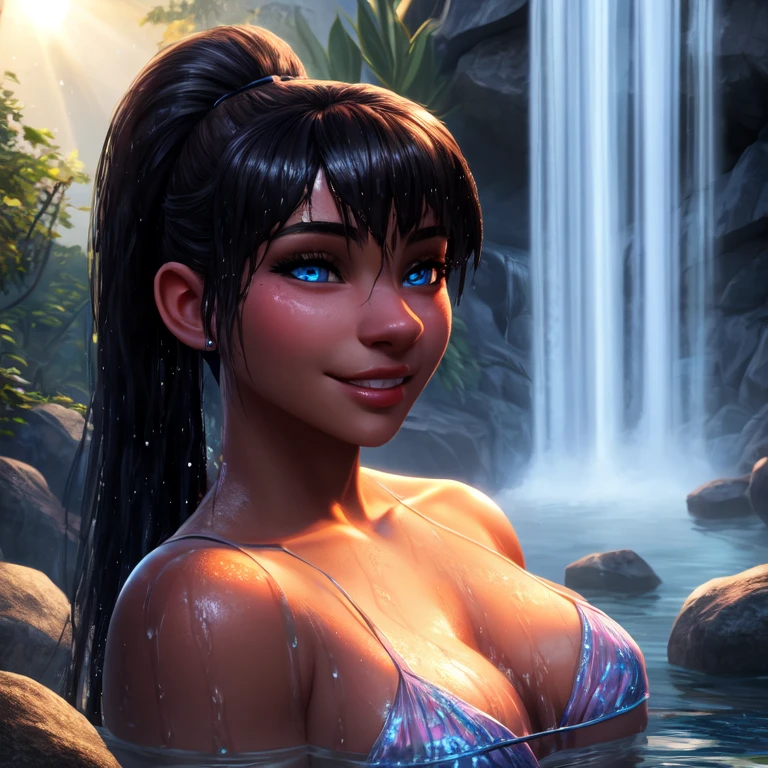 Night scene, close-up photo of lovely girl in thong, small breasts, bathing near the waterfall, body soaked in water, lean cheeks, wet hair, chin up, seductive face, no bra, stones, pure water, cleavage show, water on the body, realistic pores on the body, look up at the sky and smile, black ponytail hair, (blue eyes: 0.8), beautiful adult face, 20 yo, soft volumetric lights, (backlit: 1.3), (cinematic: 1.3), intricate details, (ArtStation: 1.2)