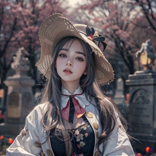Standing in the grave、Hair flow、 ((highest quality、masterpiece、8k、Best image quality、Ultra-high resolution、Award-winning works)、(Accurate ???????:1.1)、(Look at me and smile:1.1)、Shining fair skin with Ultra-high resolution、The most detailed face、Ultra-high resolution detailed face、Ultra-high resolutionの髪の毛、(Ultra-high resolution eye:1.1)、Beautiful face drawn in every detail、Cheerful clown costume, Chest to chest, Strange atmosphere, Ghosts flow, Dark Light, At the cemetery