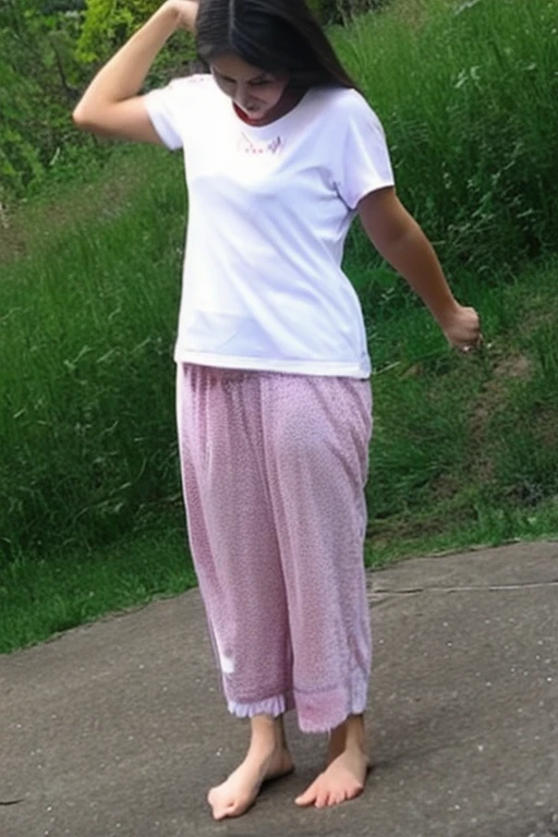 Pee scared, whole body, japanese woman, white t-shirt: 1.2, pajama pants: 1.2, pee stain:1.2, pee:1.2 pee pants:1.2, pee skirt:1.2, wet patch,