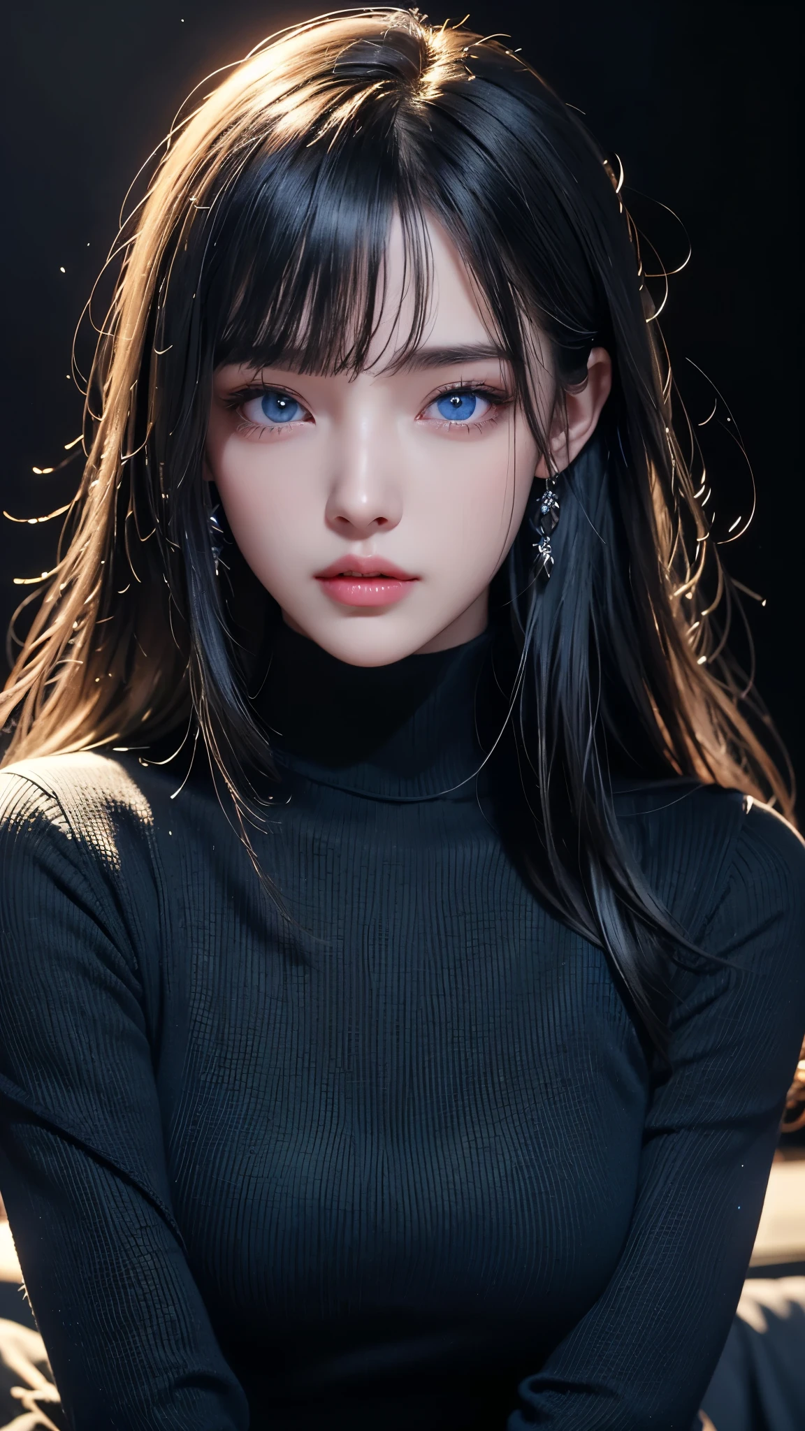 masterpiece, highest quality, Super detailed, Facing the camera, 複雑に詳細なSuper detailed, Realistic, Sharp features, Very detailed, Sharp focus, Perfect Face, Perfect Face, Perfect symmetrical perfect eyes, Perfect Plump Lips, Flexible female form, Cinematic, Film Light, Super detailed, hyper Realistic, masterpiece, Atmospheric, High resolution, Vibrant, Dynamic Studio Lighting, ((Dark Background)), The expression when enduring pleasure, Straight bangs, blue eyes,Black sweater, Cowboy Shot,turtleneck、first round、Sexually aroused expression、Accessories on the chest、Clothes with cuts