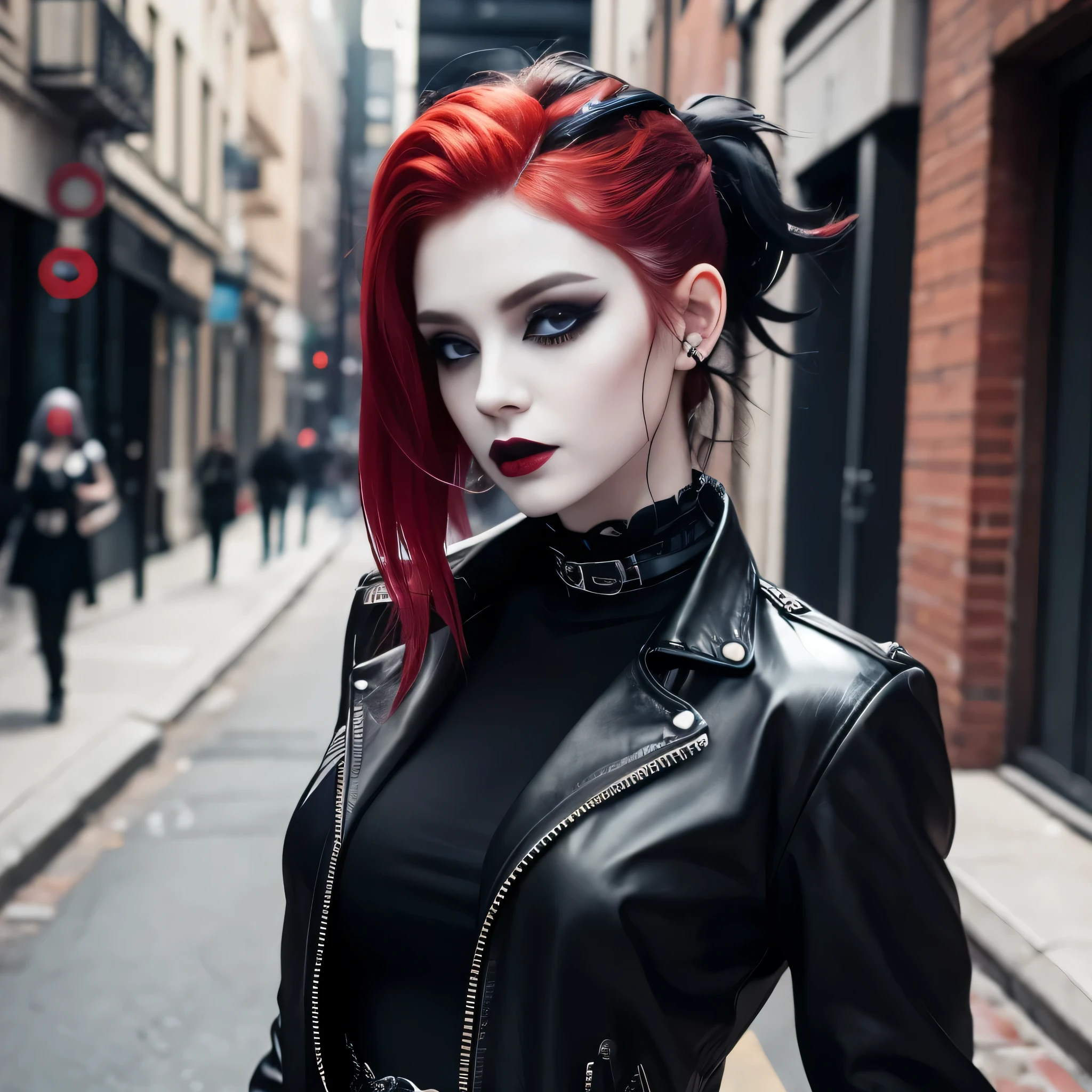 goth, excited, pale skin, smoky eyes, vivid colors, punk clothing, rock hairstyle, red hair, black lips, abandoned street, body view, large breasts